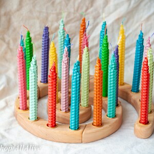 Waldorf inspired Multicolored candles set of 7-12-24-36 pcs natural bee wax candle Celebration ring Birthday Ring Advent Spiral holder 24 candles