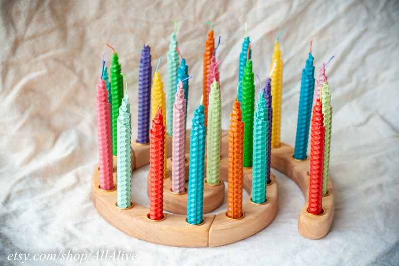 Waldorf inspired Multicolored candles set of 7-12-24-36 pcs natural bee wax candle Celebration ring Birthday Ring Advent Spiral holder 24 candles