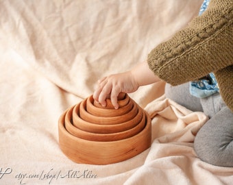 Wooden Natural color Pyramid Stacking & Nesting Bowls Cups - -Waldorf toys - Montessori materials -Set of 7- Home decoration