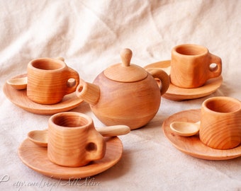 Wooden Tea Service - TeaPot with TeaCups, plates, spoons - Wood play food. Wooden toy flatware cutlery -  Waldorf toys.Children cooking set.