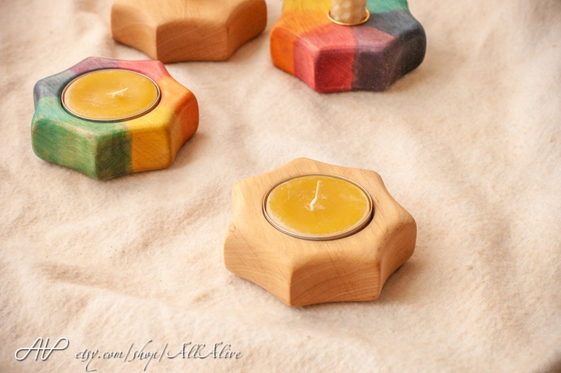 Waldorf inspired Sun 7 rays Star candlesticks for different candles or decorations Rainbow colors gradient candle holder Waldorf decor Unpainted -teacandle