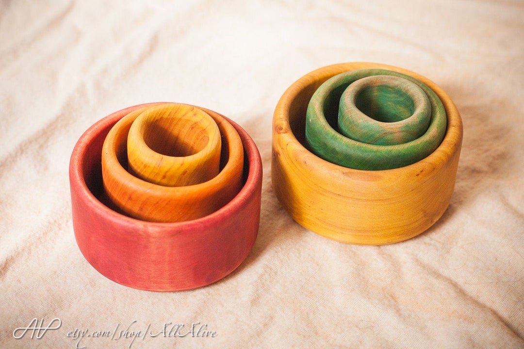 Wooden Rainbow Pyramid Stacking & Nesting Bowls Cups- Colorful ...