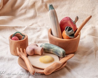 Wood play food - Wooden toy flatware cutlery set with Bowl - Plate Bowl Glass Spoon Knife Fork. Waldorf toys. Montessori materials. Kitchen