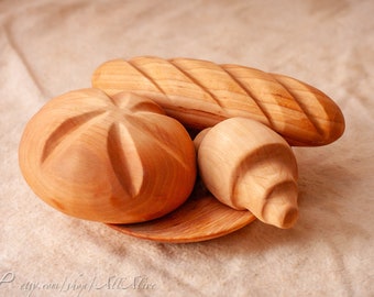 Wood play food - Bread toy set - 3 pcs. Wooden Baguette, Bun, Croissant. Waldorf toys. Montessori materials.