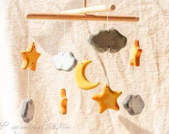 Simple and pretty wooden nursery mobile - Moon, stars and clouds - new born gift - waldorf inspired decor - baby neutral nursery