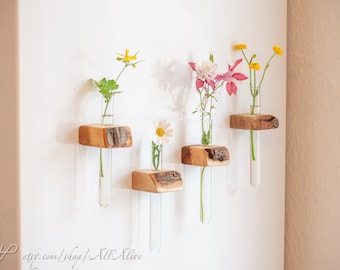 Imán de nevera Plant Propagation Station - Jarrón de madera y vidrio simple y hermoso - Tubo minimalista - decoración del hogar inspirada en waldorf