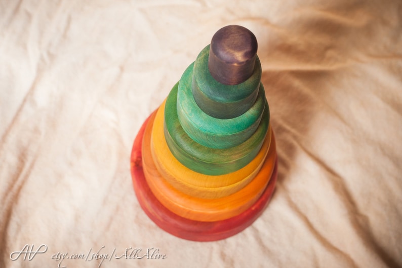 Wooden Rainbow Pyramid Stacking & Nesting Bowls Cups Colorful Waldorf toys Montessori materials Set of 7-Food coloring image 6