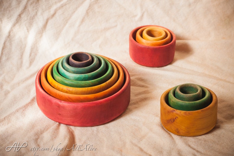 Wooden Rainbow Pyramid Stacking & Nesting Bowls Cups Colorful Waldorf toys Montessori materials Set of 7-Food coloring image 4