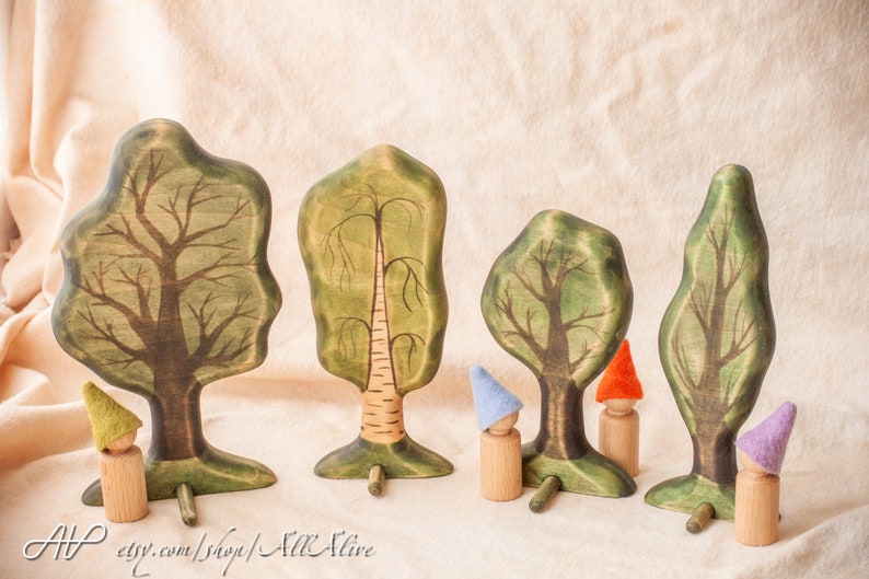 Wood Forest smaller toy set Leafy trees 4pcs. Wooden trees Waldorf toys. Montessori materials. Nature table Home decoration set image 1