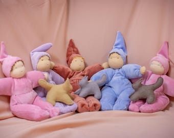 Waldorf inspired soft dolls - 25 cm - 10 inches - 2-3 years old baby - velour clothes and hats
