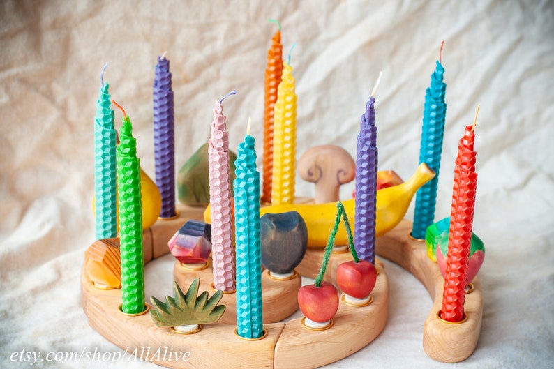 Waldorf inspired Multicolored candles set of 7-12-24-36 pcs natural bee wax candle Celebration ring Birthday Ring Advent Spiral holder image 2