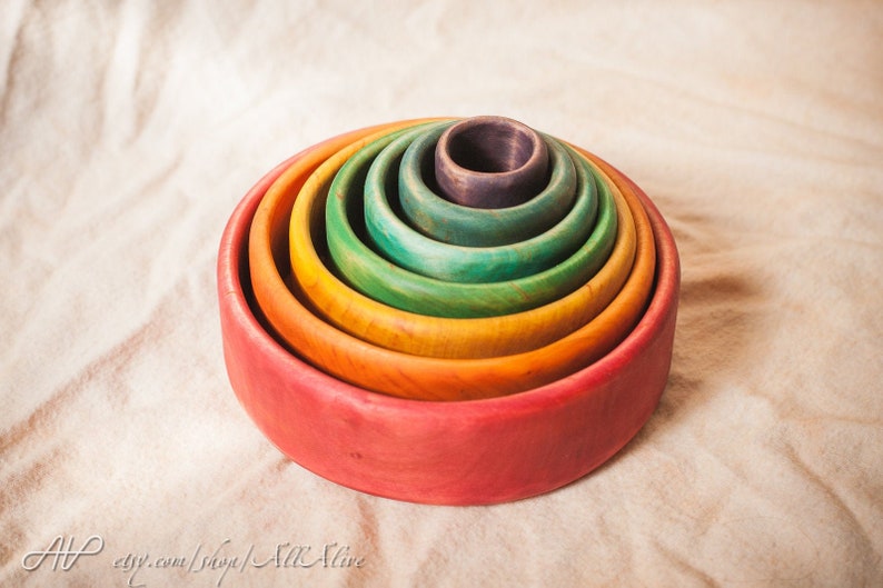 Wooden Rainbow Pyramid Stacking & Nesting Bowls Cups Colorful Waldorf toys Montessori materials Set of 7-Food coloring image 2