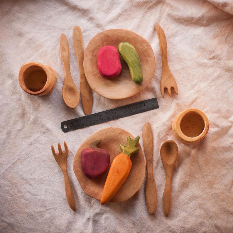 Wood play food Wooden toy flatware cutlery set Plate Glass Etsy