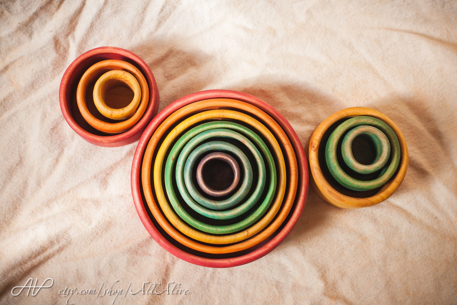 Wooden Rainbow Pyramid Stacking & Nesting Bowls Cups Colorful | Etsy