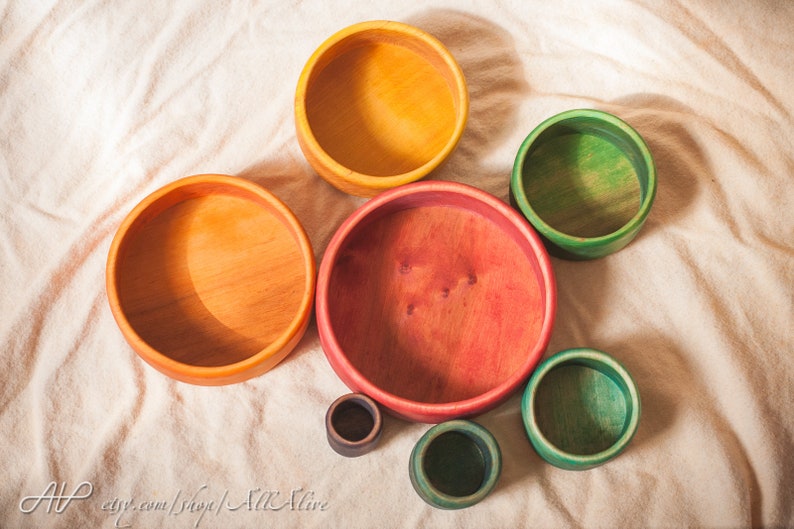 Wooden Rainbow Pyramid Stacking & Nesting Bowls Cups Colorful Waldorf toys Montessori materials Set of 7-Food coloring image 8