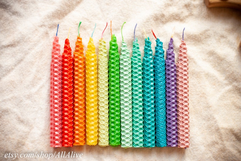 Waldorf inspired Multicolored candles set of 7-12-24-36 pcs natural bee wax candle Celebration ring Birthday Ring Advent Spiral holder image 8