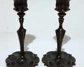 Antique French Art Nouveau Dark Patinated Bronze Flower Candlestick Holders Candle