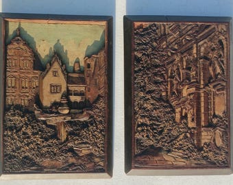 Conjunto de placas de madera tallada en relieve Dressel vintage del Castillo de Heidelberg, Selva Negra alemana, arte mural 3D, decoración arquitectónica de mediados de siglo, Selva Negra