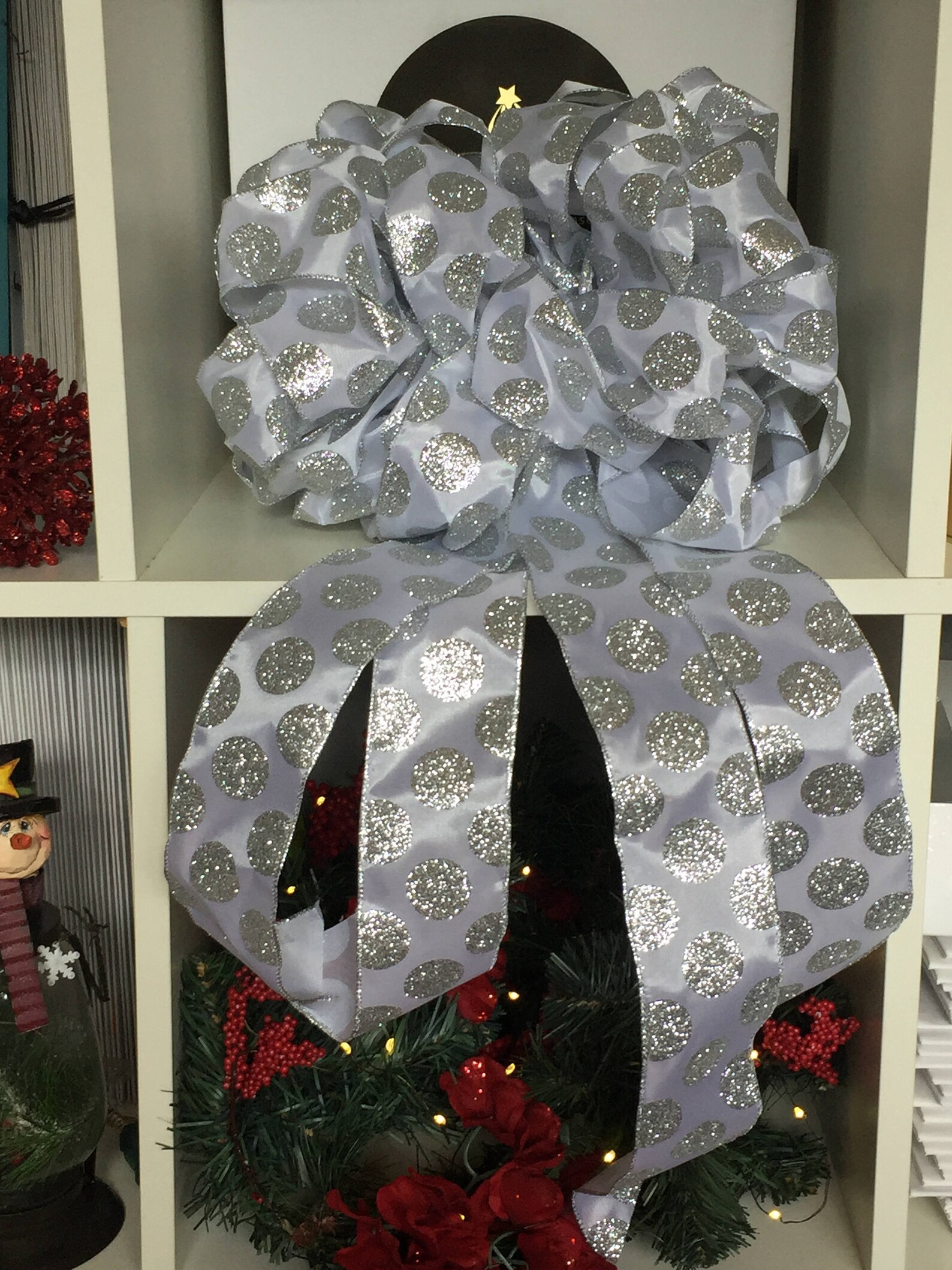 Elegant Tree Topper Bow White with Shimering Silver Polka Etsy