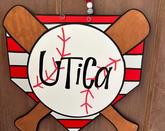 Baseball Home Plate with Baseball Bats Hand Painted  Laser Cut Wooden Door Hanger Sign