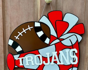 Hand Painted Custom Personalized Football Cheerleader Megaphone Game Day Door Hanger