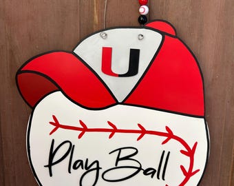 Baseball with Baseball Hat Play Ball Hand Painted  Laser Cut Wooden Door Hanger Sign