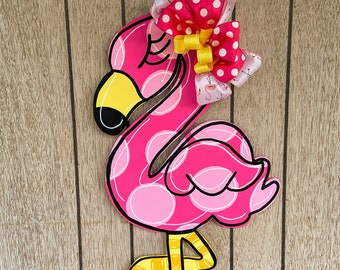 Flamingo With Over the Top Bow Hand Painted Wooden Door Hanger Sign