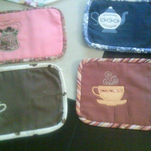 Embroidered Mug Rugs, Coffee Tea Pot Designs, Handmade Coasters