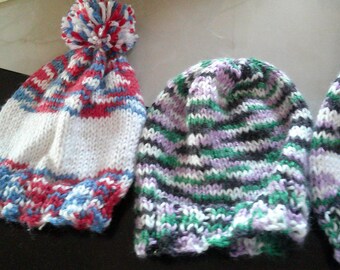 Hand knit children hats, toddlers, bright colors