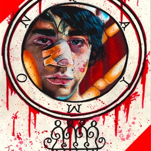 May include: A black and white illustration of a man's face with a bandage over his nose. The face is surrounded by a red circle with black lettering that reads "NOW" and "WAY". The background is white with red splatters.