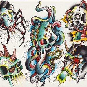 May include: A sheet of traditional tattoo flash art featuring six designs. The designs include a spider with a woman's face, a skull with horns, and an octopus-skull hybrid. The color palette includes green, red, blue, and yellow.