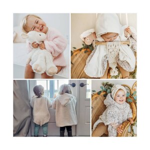 Op de afbeelding: Een collage van afbeeldingen met kinderkleding. E&eacute;n kind draagt een roze, zachte jas en houdt een wit knuffellam vast. Andere afbeeldingen tonen kinderen in witte jassen met capuchon en een bijpassende hoed. De kleding ziet er zacht en comfortabel uit.