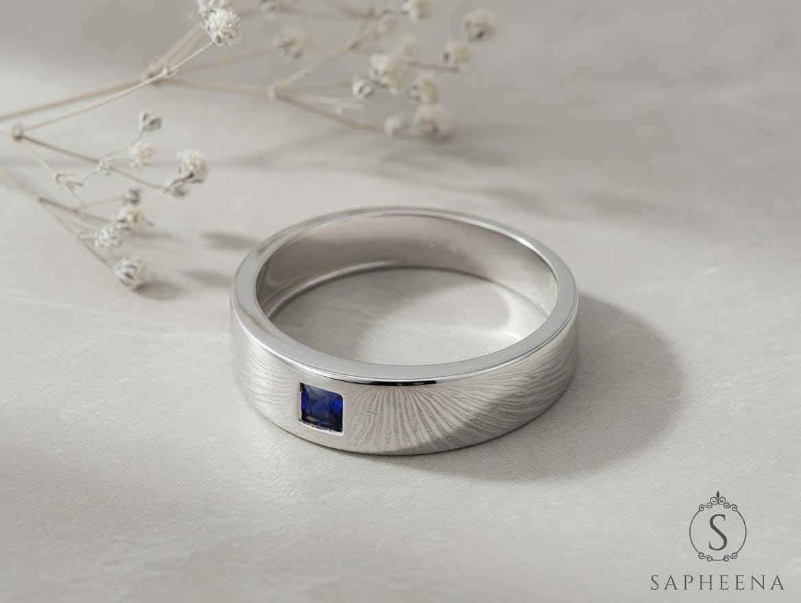 Modern Men's Princess Cut Blue Sapphire Wedding Band in Solid Gold