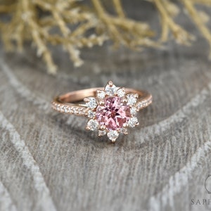 Peach Sapphire Engagement Ring, Sapphire Diamond Halo Ring, Unique Snowflake Rose Gold Ring, Anniversary Diamond Wedding Ring by Sapheena image 4