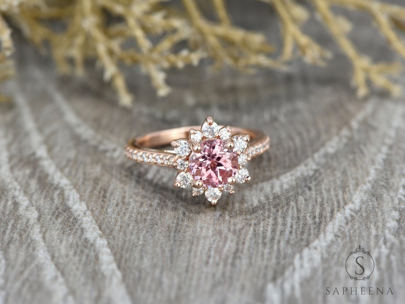 Peach Sapphire Engagement Ring, Sapphire Diamond Halo Ring, Unique Snowflake Rose Gold Ring, Anniversary Diamond Wedding Ring by Sapheena image 4