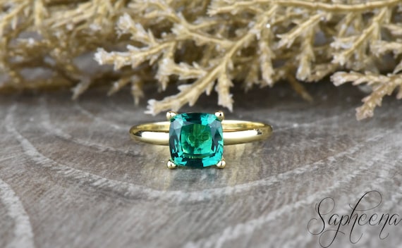 Green Emerald Cushion Cut Solitaire Engagement Ring In 14k Etsy