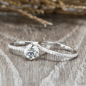 Moissanite Bridal Rings | Round Cut Forever One Moissanite Gold Rings | Round Solitaire Pave Engagement Ring | Half Eternity Wedding Band