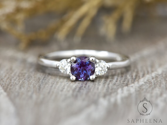Round Cut Chatham Alexandrite Engagement Ring Three Stone Color