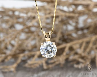 2 Ct Round Cut Moissanite Pendant Necklace, 10k/14k Solid Gold, 16"-18" inch delicate Box Chain Gold, Solitaire Pendant, Gold Necklace