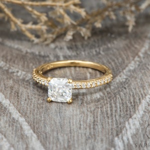 1.0 Ct Asscher Cut Engagement Ring, Asscher Moissanite Solitaire Wedding Ring, Half Eternity Bridal Ring, Solid 14k/18k Gold Proposal Ring