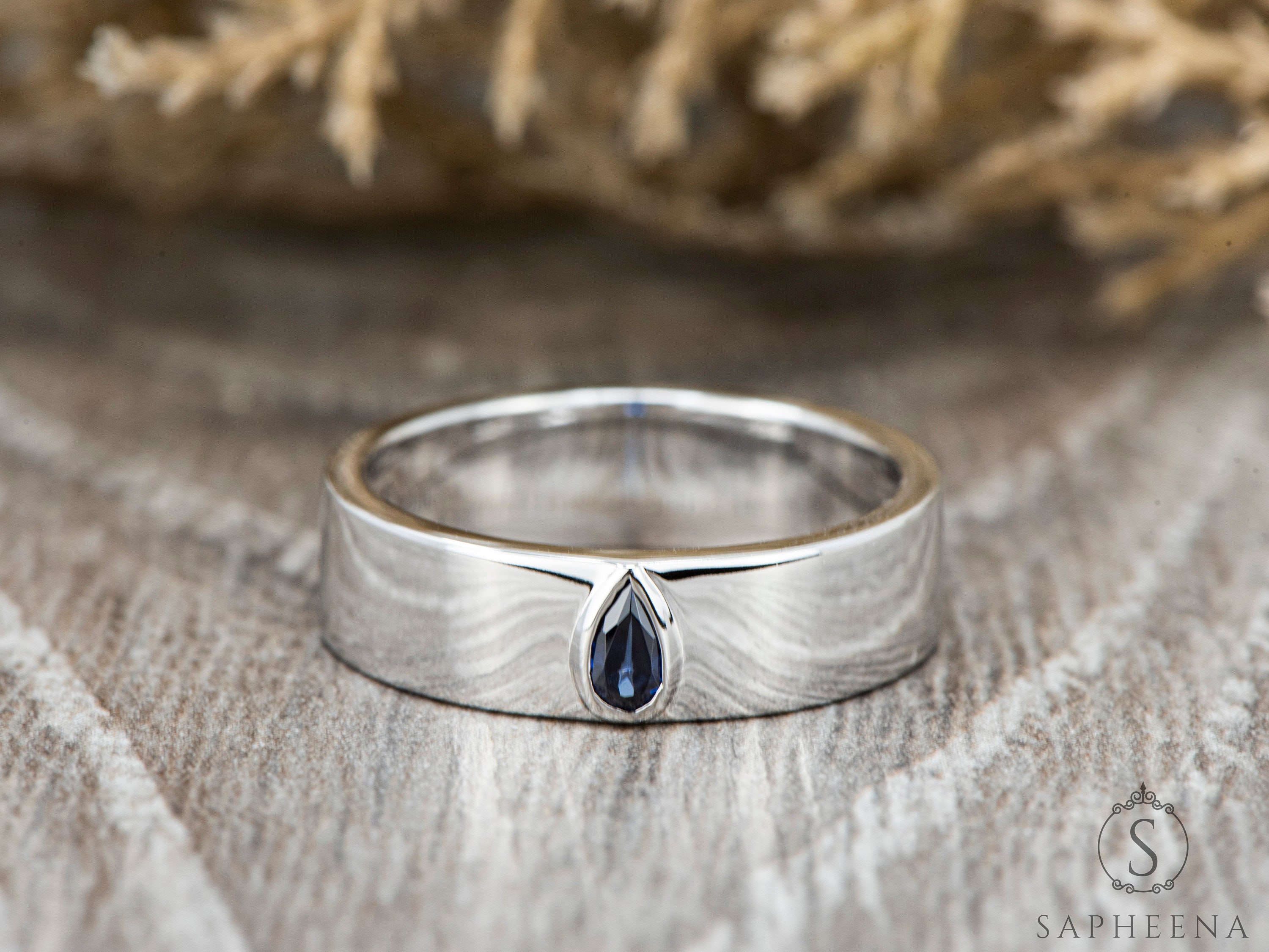 Men's Sterling Silver Channel Set Wedding Band With Lab Created Blue Sapphire | Size 12 - View #5