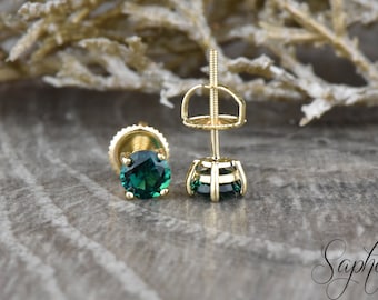 Green Emerald Stud Earrings in Solid Gold | Round Cut Screw Back Studs