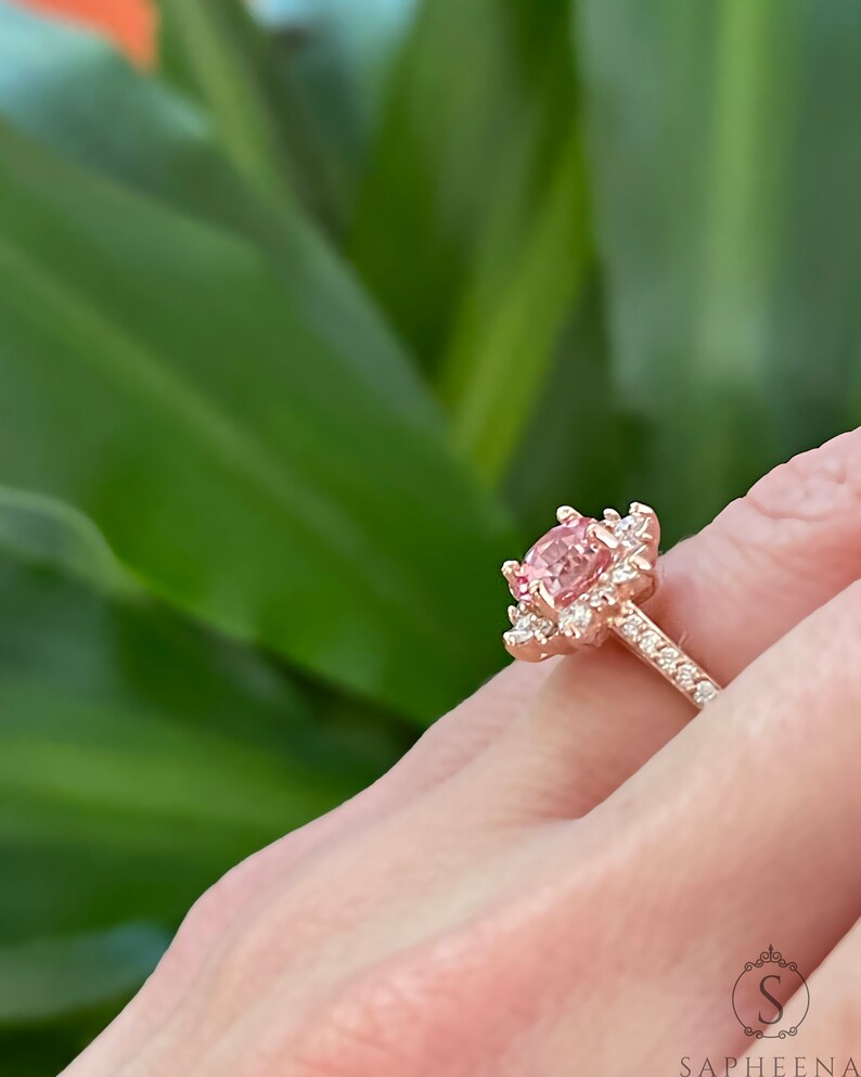 Peach Sapphire Engagement Ring, Sapphire Diamond Halo Ring, Unique Snowflake Rose Gold Ring, Anniversary Diamond Wedding Ring by Sapheena image 9