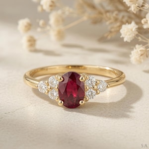 Oval Cut Natural Ruby Engagement Ring • Cluster Diamond Side Stones • Solid Gold or Platinum
