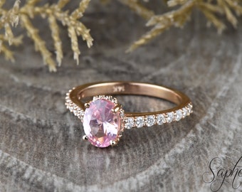 1.3 ct Oval Peach Sapphire Engagement Ring | Peach Pink Sapphire Bridal Ring | Hidden Halo Sapphire and Lab-Grown Diamond Wedding Ring