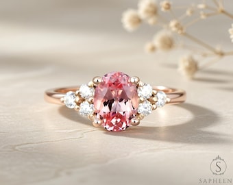 Oval Champagne Peach Sapphire Chatham Cluster Ring • Diamond Accent Solid Gold / Platinum Engagement Ring