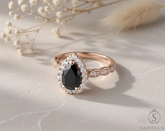 Pear Halo Natural Black Diamond or Moissanite Engagement Ring, Scalloped Band, Solid Gold Platinum