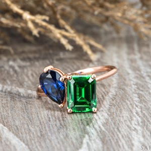 Two stones ring, Pear and Emerald Ring, Dual birthstones ring, Couples birthstone ring, Toi et Moi Ring, Solid Gold Ring, Birthday ring