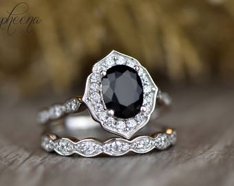 Black Moissanite Bridal Set | Oval Cut Vintage Style Wedding Ring Set | Art Deco 14k/18k Gold Rings | Unique Black Gemstone Floral Rings