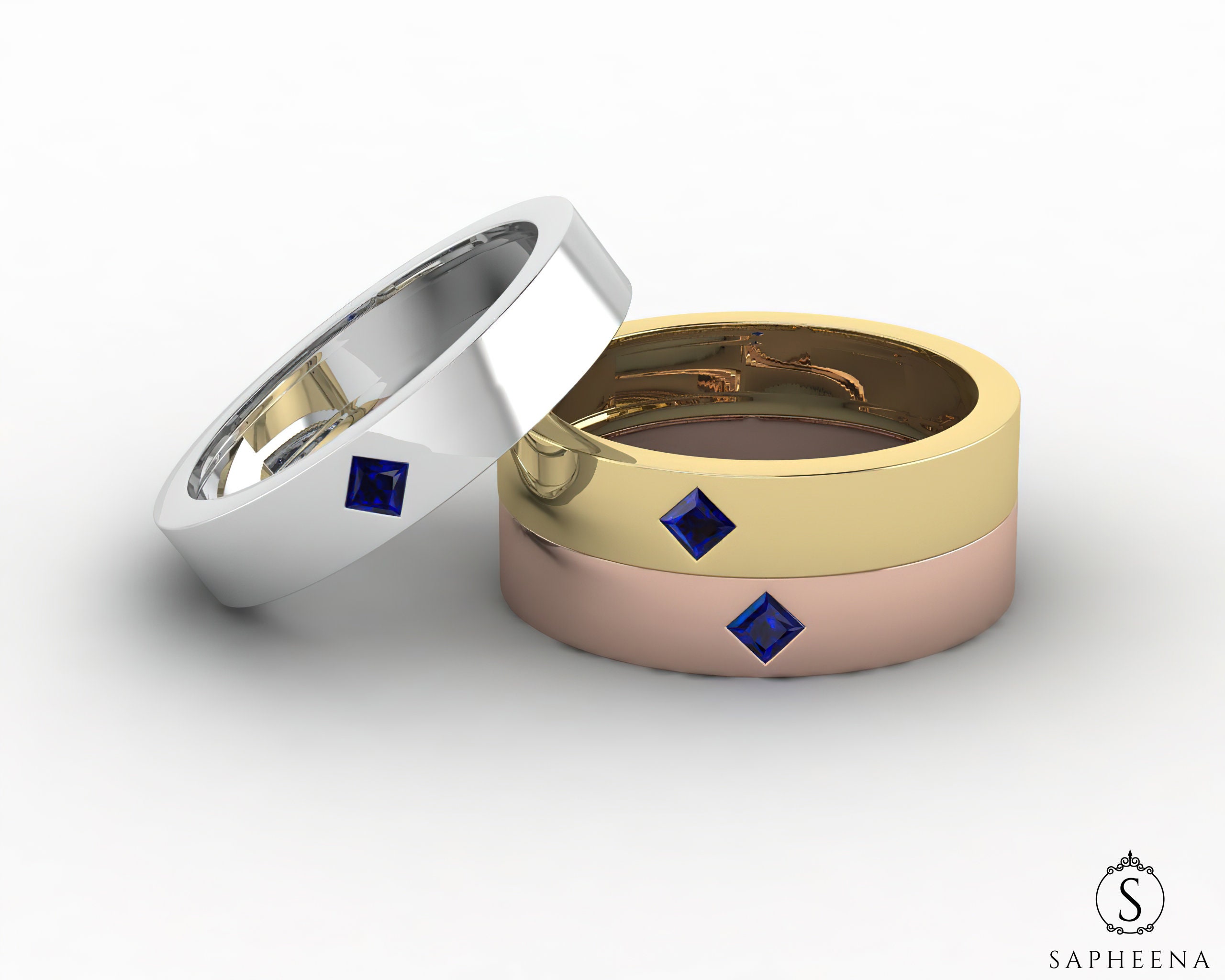 4mm Mens Blue Sapphire Wedding Band, Princess Cut Kite